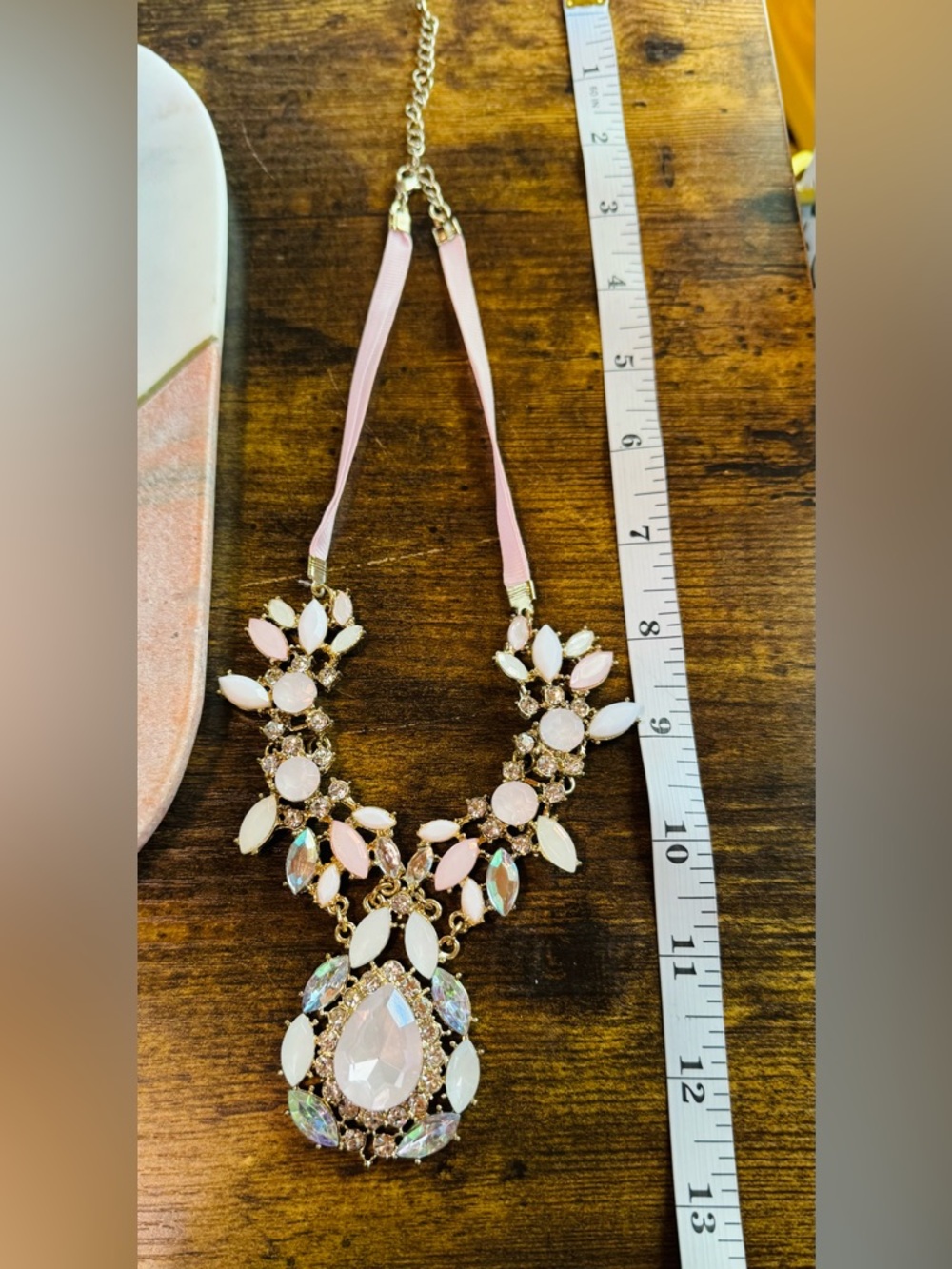 Statement Bib Necklace Pink Rhinestone Crystal Teardrop Gold Tone Ribbon - Picture 7 of 7